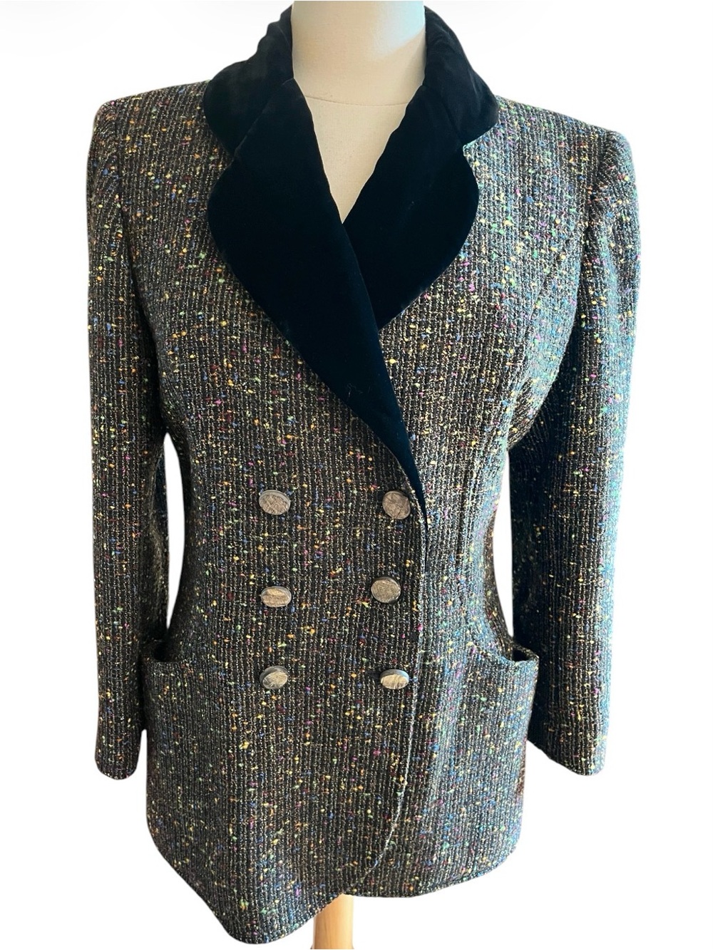 Emanuel Ungaro Black Tweed Blazer with Multicolor Speckle & Velvet Lapel Size 14